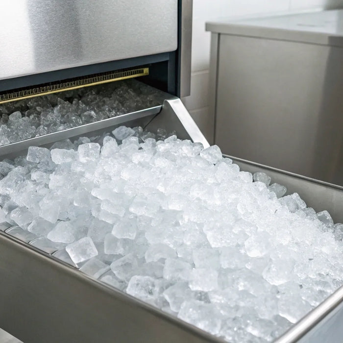 1000-pound commercial ice machine dispensing ice cubes.