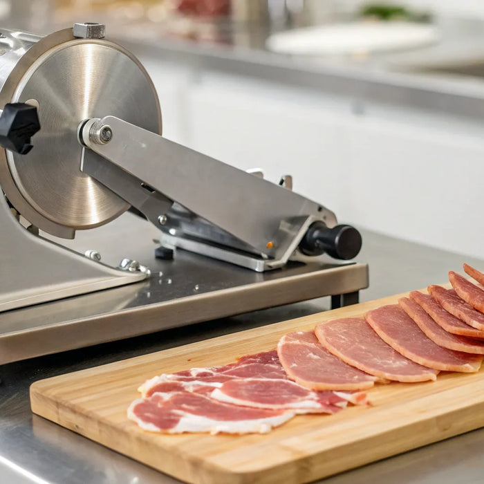 12-inch meat slicer with sliced meat.
