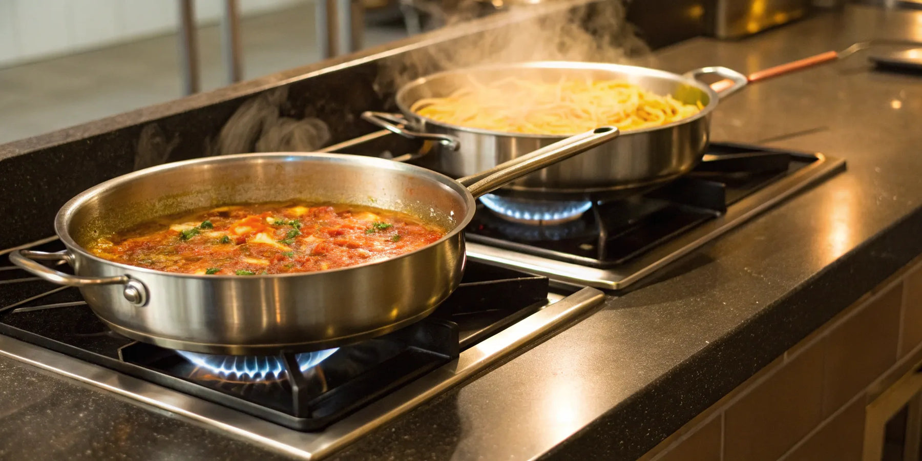 2-burner pot cooking pasta and sauce.