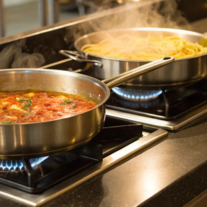 2-burner pot cooking pasta and sauce.