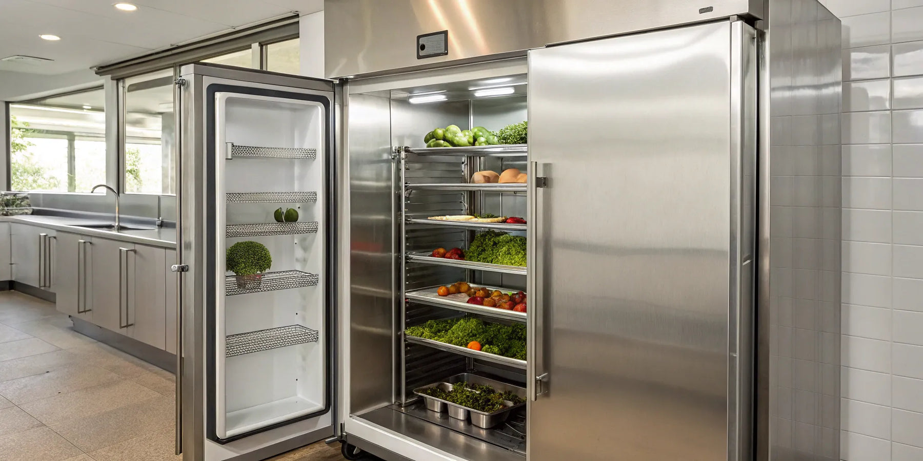 Open two-door commercial refrigerator stocked with produce.