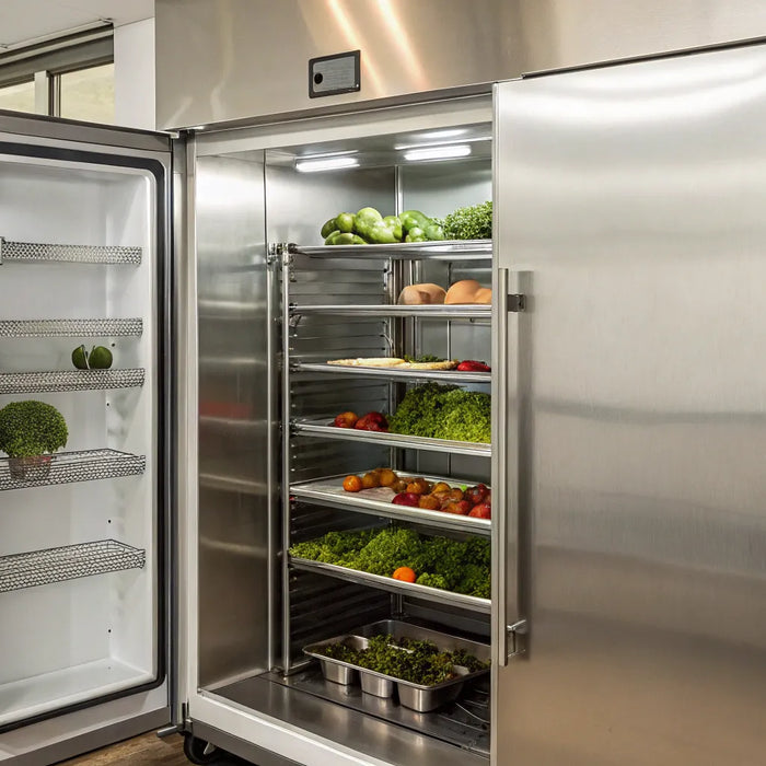 Open two-door commercial refrigerator stocked with produce.