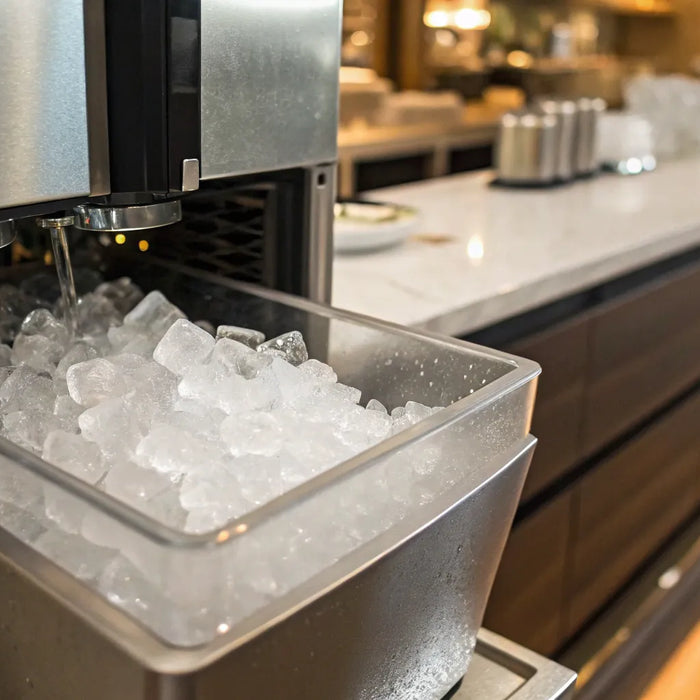 200 lb. ice machine producing ice.