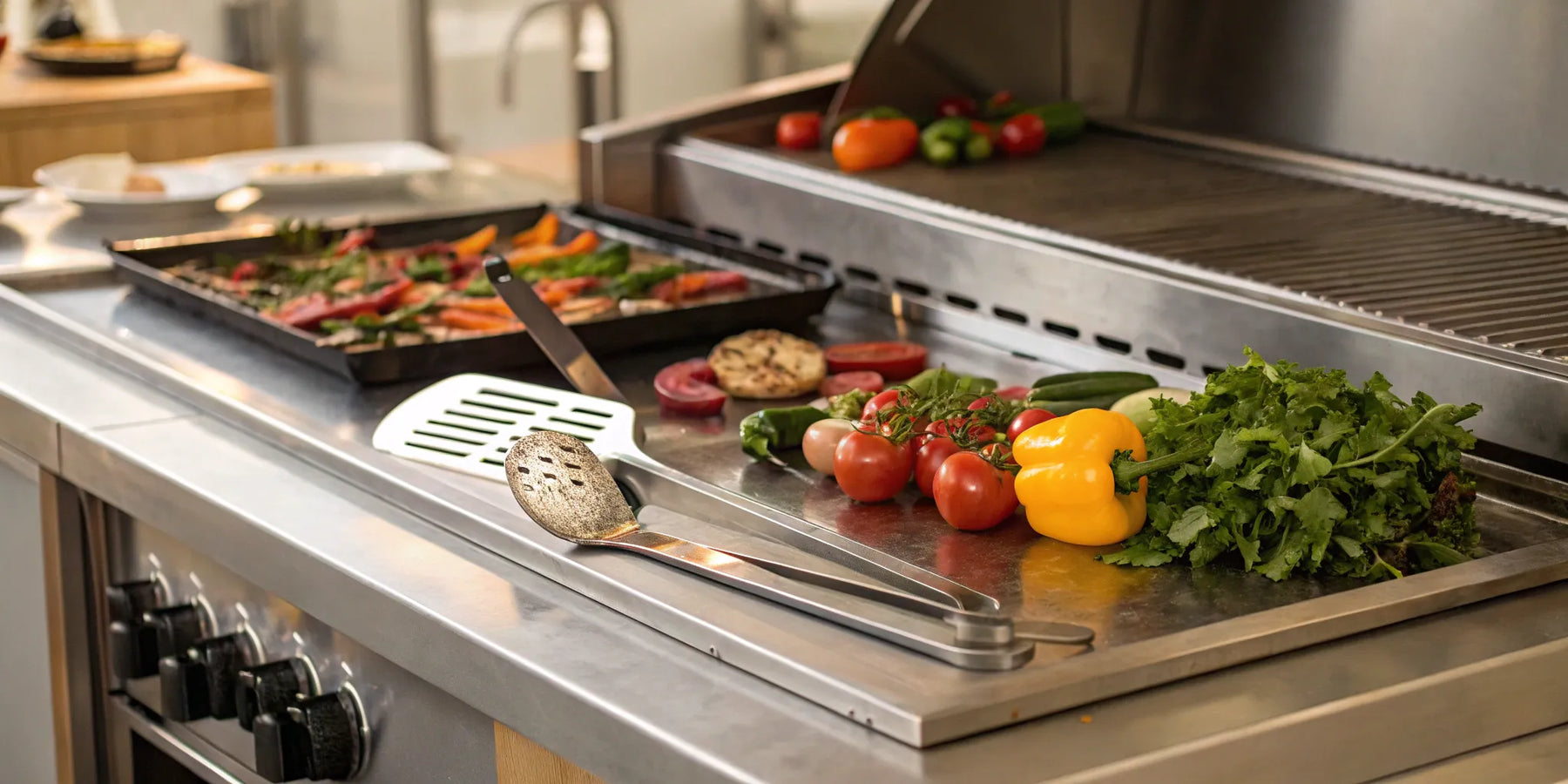 24" flat top grill with cooking utensils.