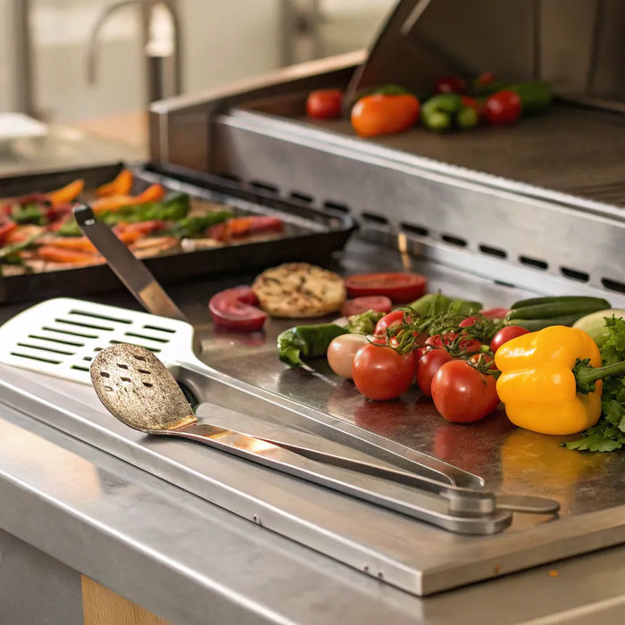 24" flat top grill with cooking utensils.
