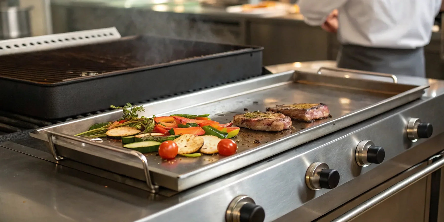 24" flat top grill cooking meat and vegetables.