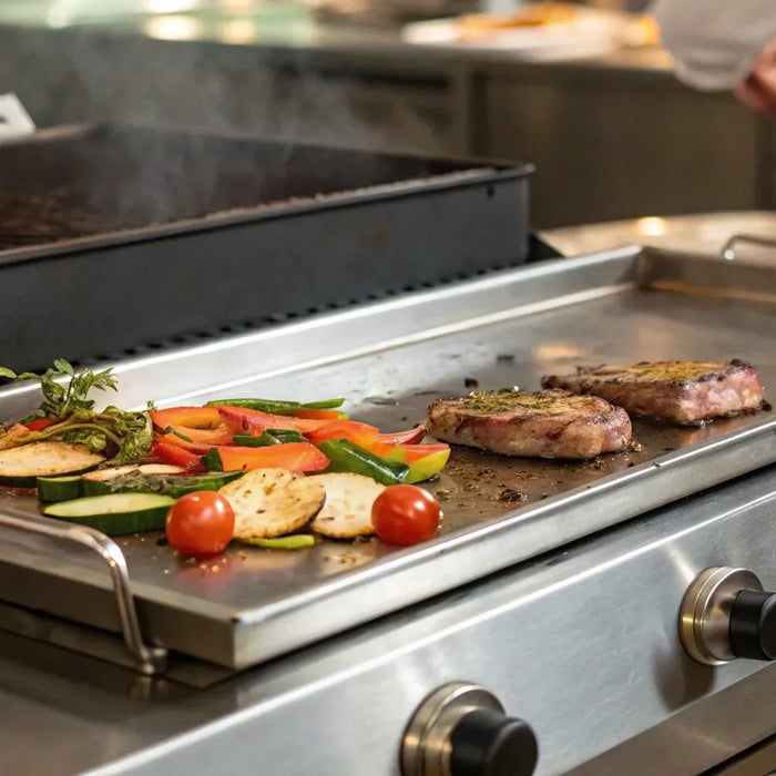 24" flat top grill cooking meat and vegetables.