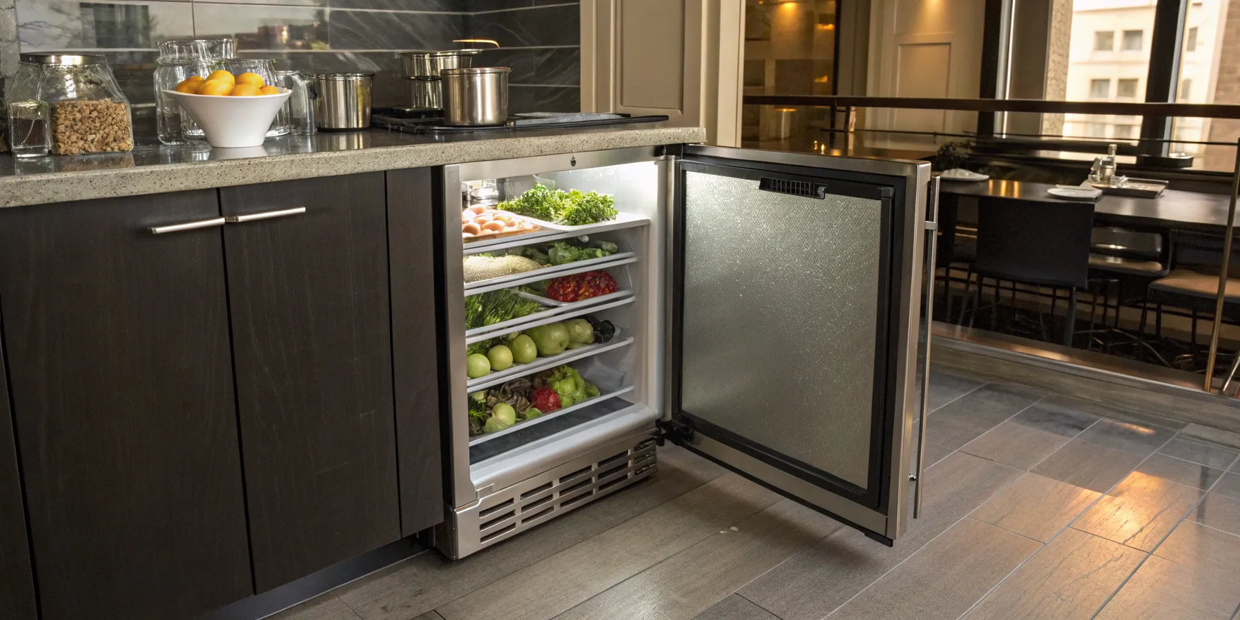 Organized frozen goods in an open 24-inch undercounter freezer.
