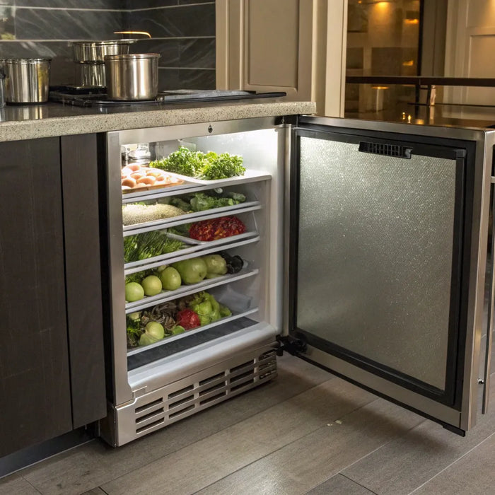 Organized frozen goods in an open 24-inch undercounter freezer.