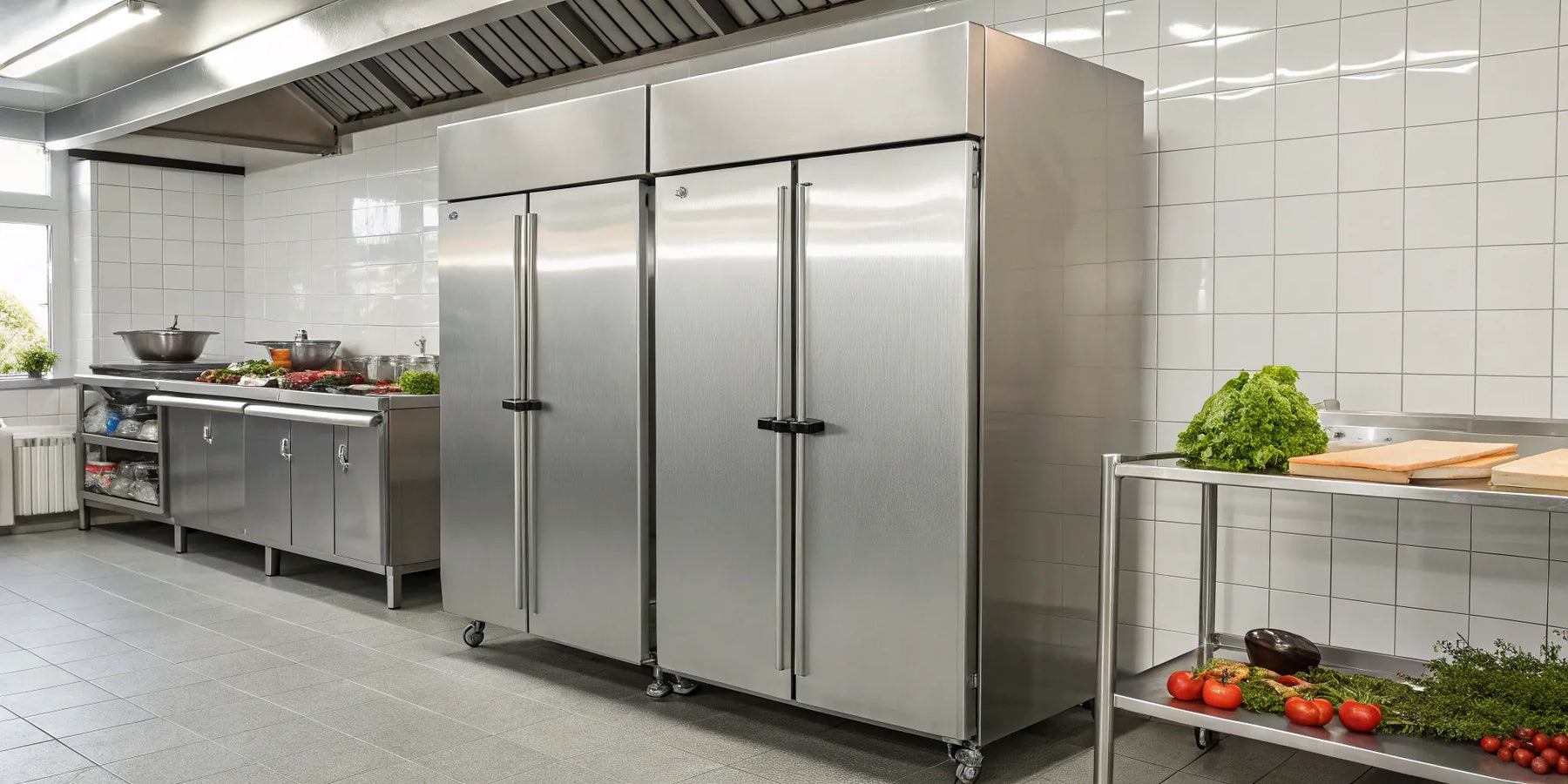 Stainless steel 3-door commercial freezer.