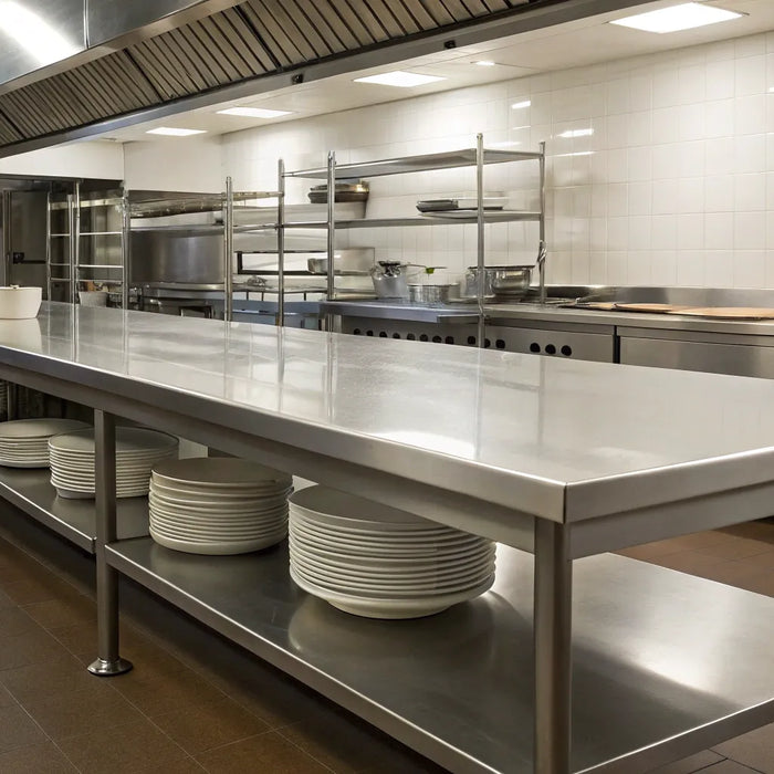 30x96 stainless steel table with undershelf storage.