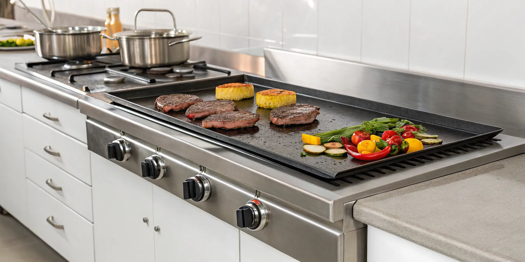 36-inch electric griddle cooking steaks and vegetables.