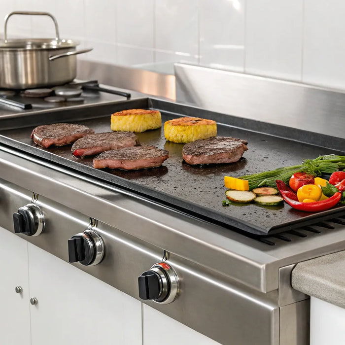 36-inch electric griddle cooking steaks and vegetables.
