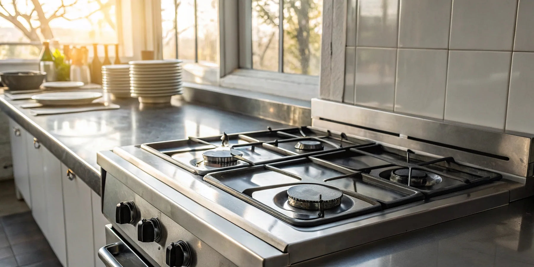 Commercial 4 burner gas stove with burners ignited.