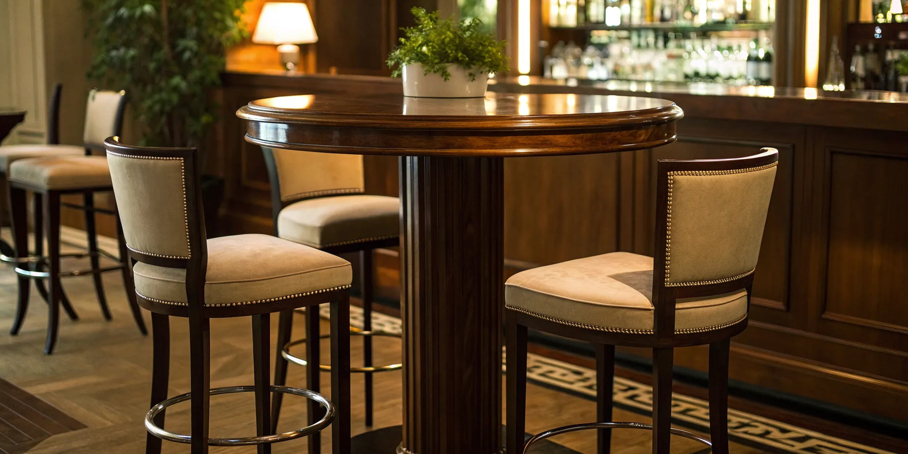 48-inch round bar height table with wood finish.