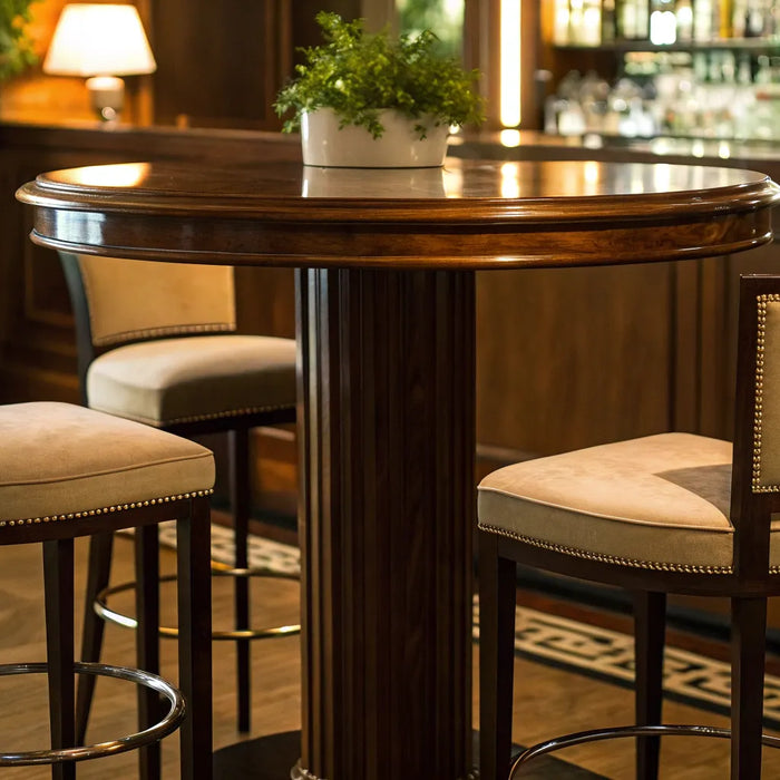 48-inch round bar height table with wood finish.