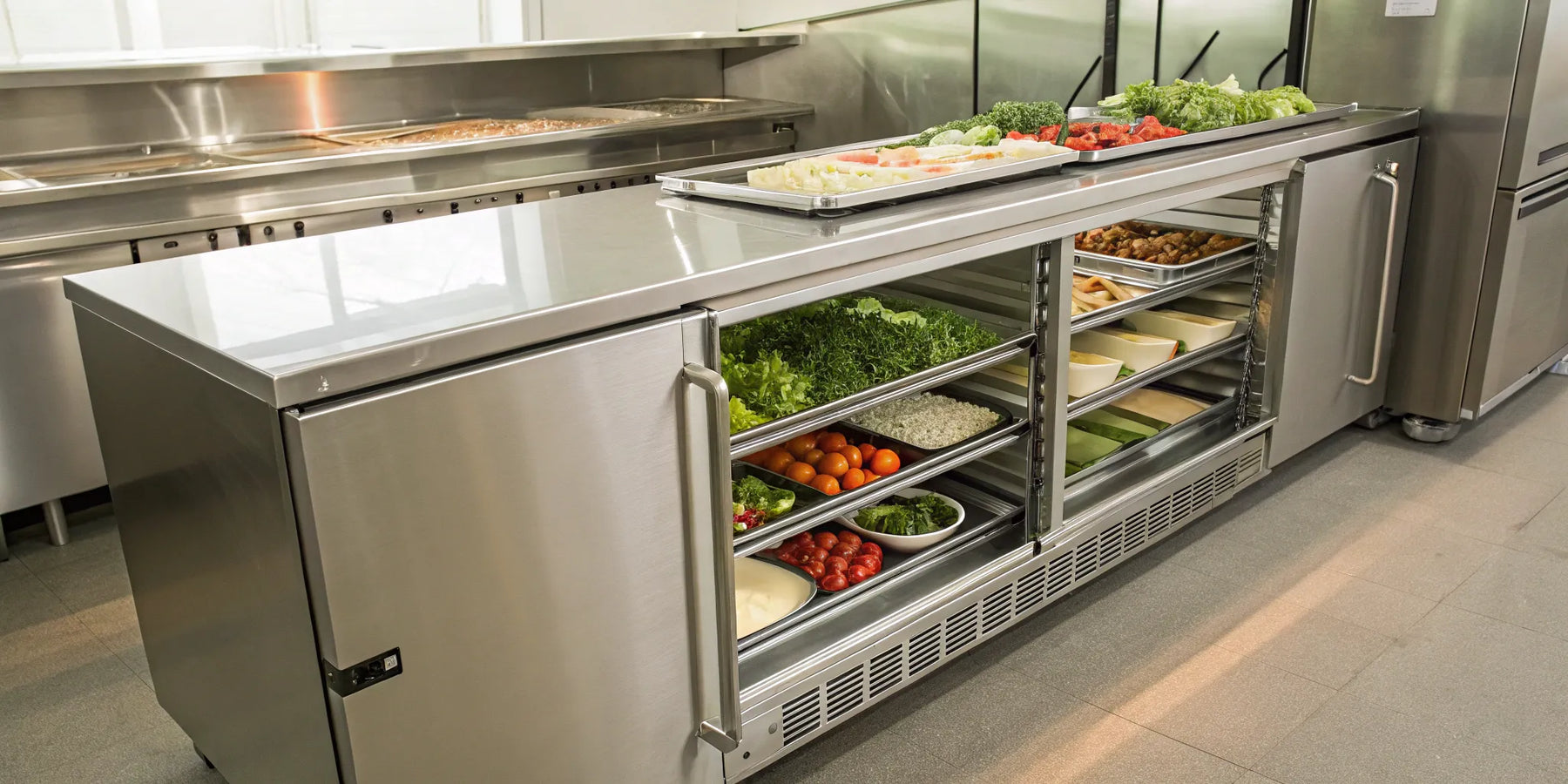 48" sandwich/salad prep refrigerator with fresh ingredients.