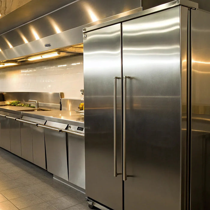 72-inch high stainless steel commercial refrigerator.