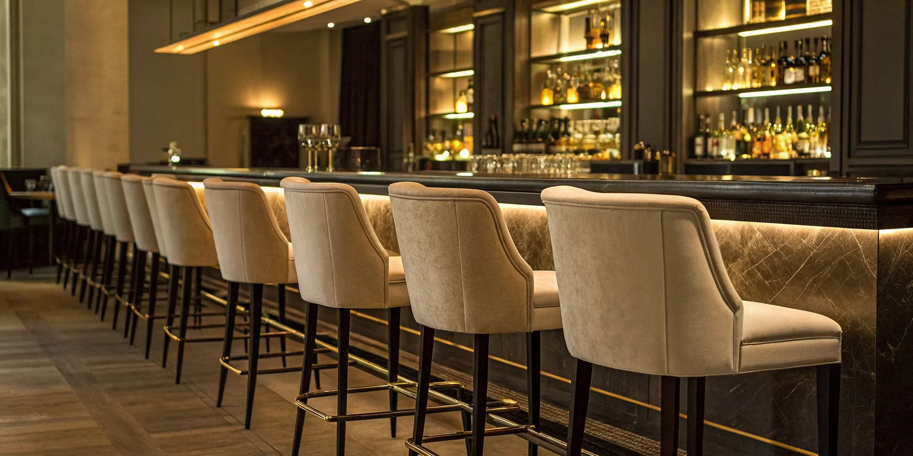 Stylish restaurant bar chairs at a modern bar.