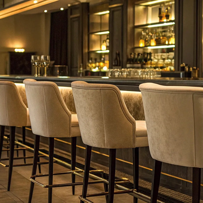 Stylish restaurant bar chairs at a modern bar.