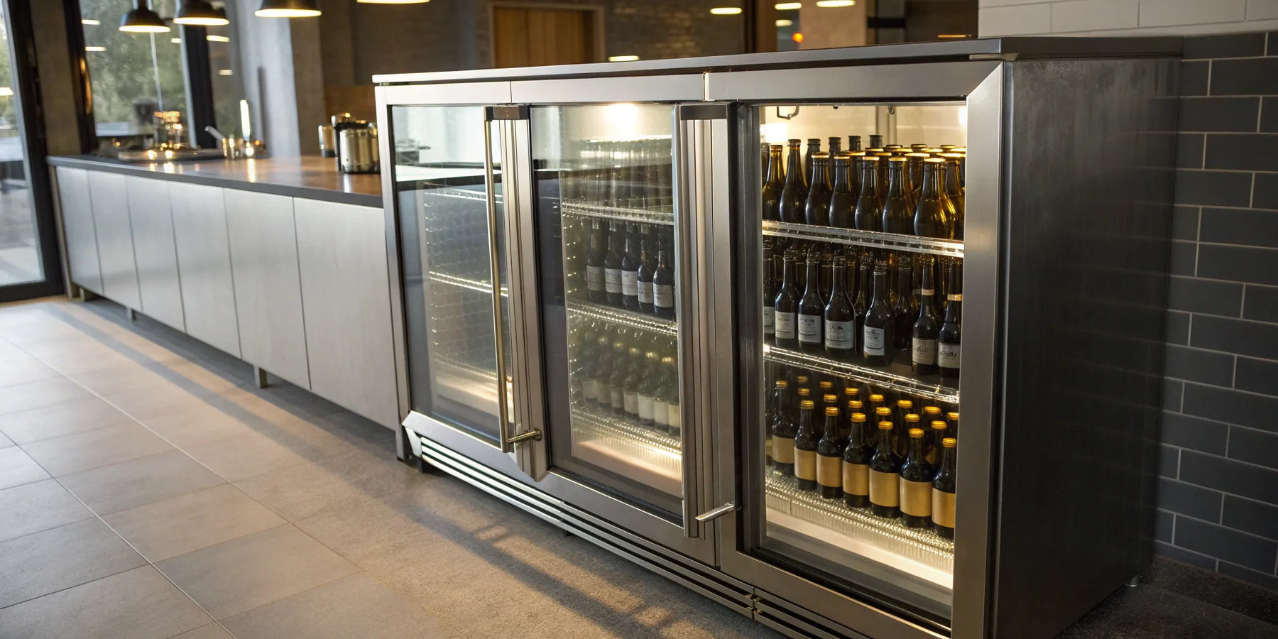 Glass door commercial beer cooler stocked with beer bottles in a bar.