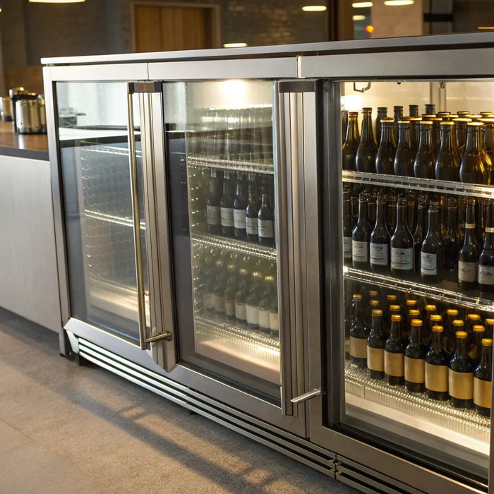 Glass door commercial beer cooler stocked with beer bottles in a bar.