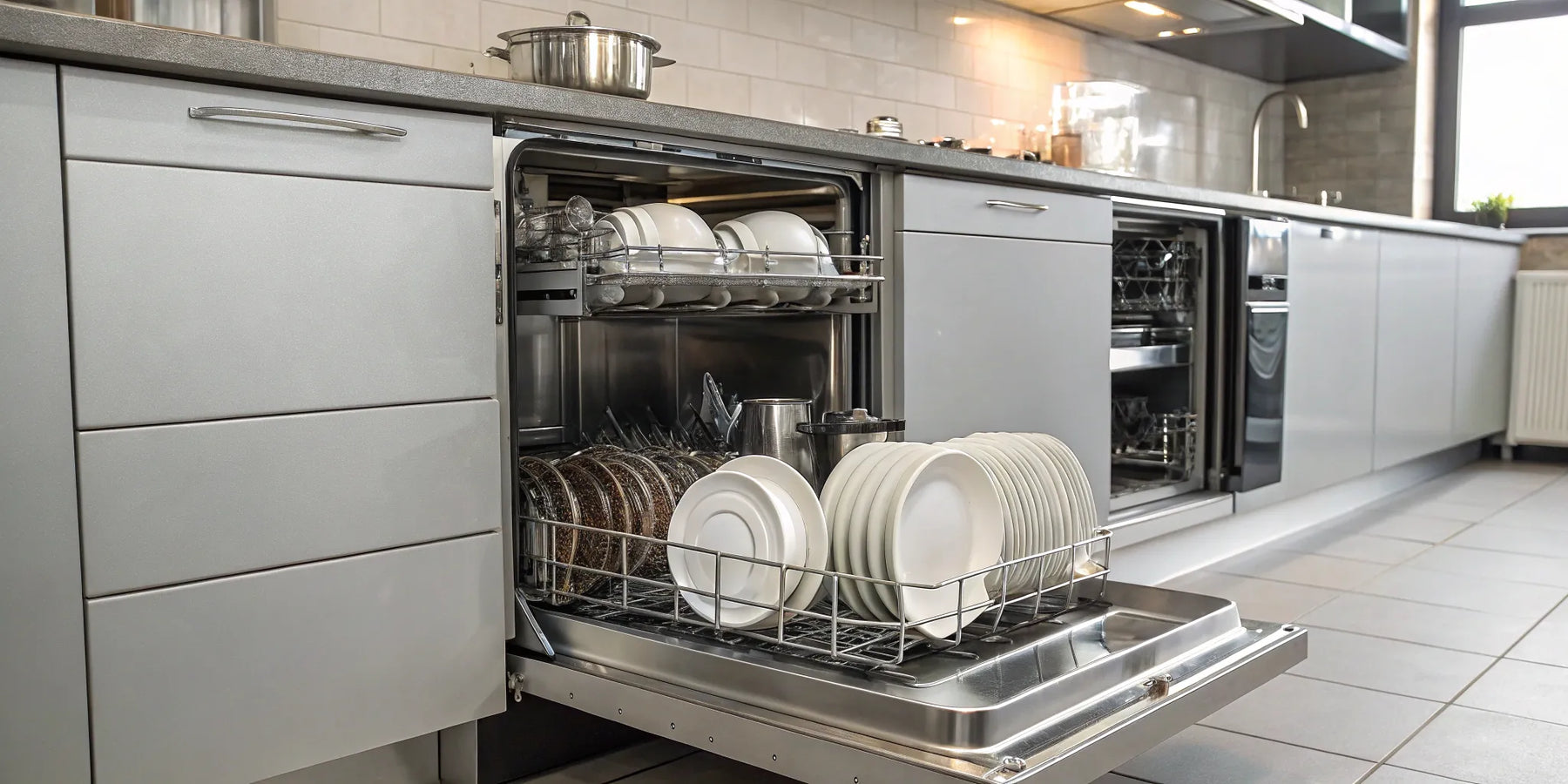 Clean dishes in a commercial restaurant dishwasher.