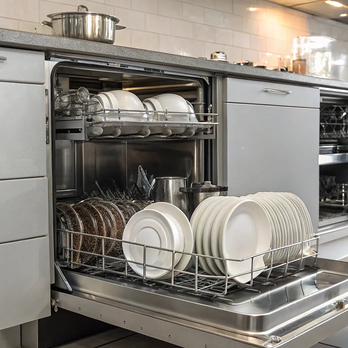 Clean dishes in a commercial restaurant dishwasher.