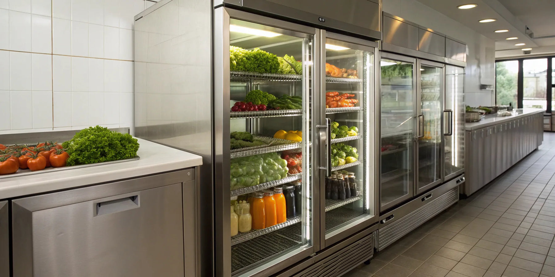 Commercial display refrigerator stocked with fresh food and drinks.