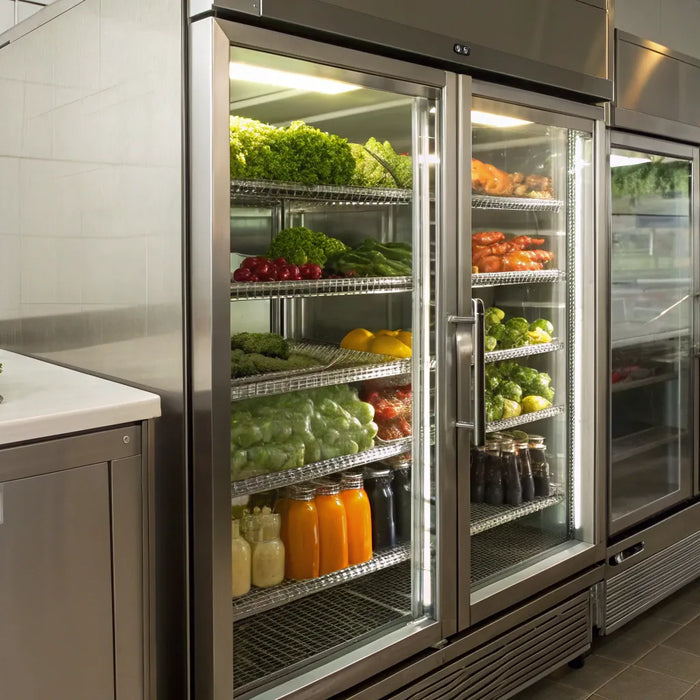Commercial display refrigerator stocked with fresh food and drinks.