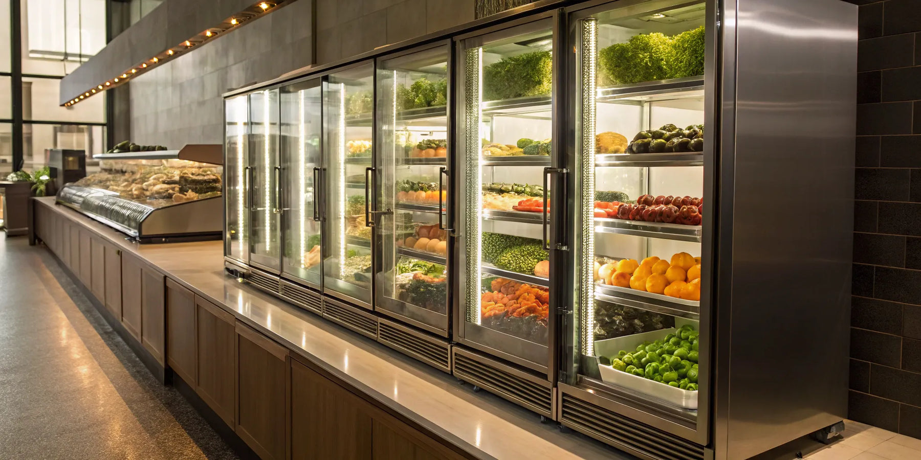 Commercial display refrigerator with glass doors.