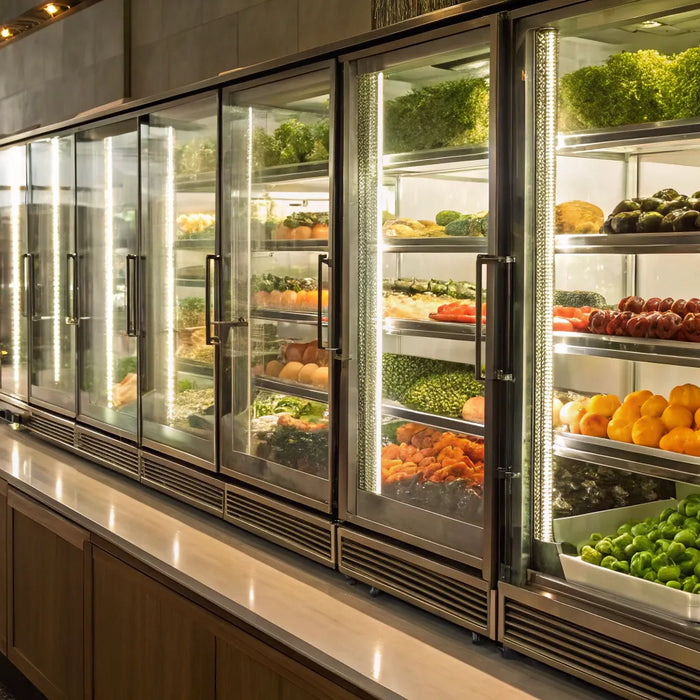 Commercial display refrigerator with glass doors.