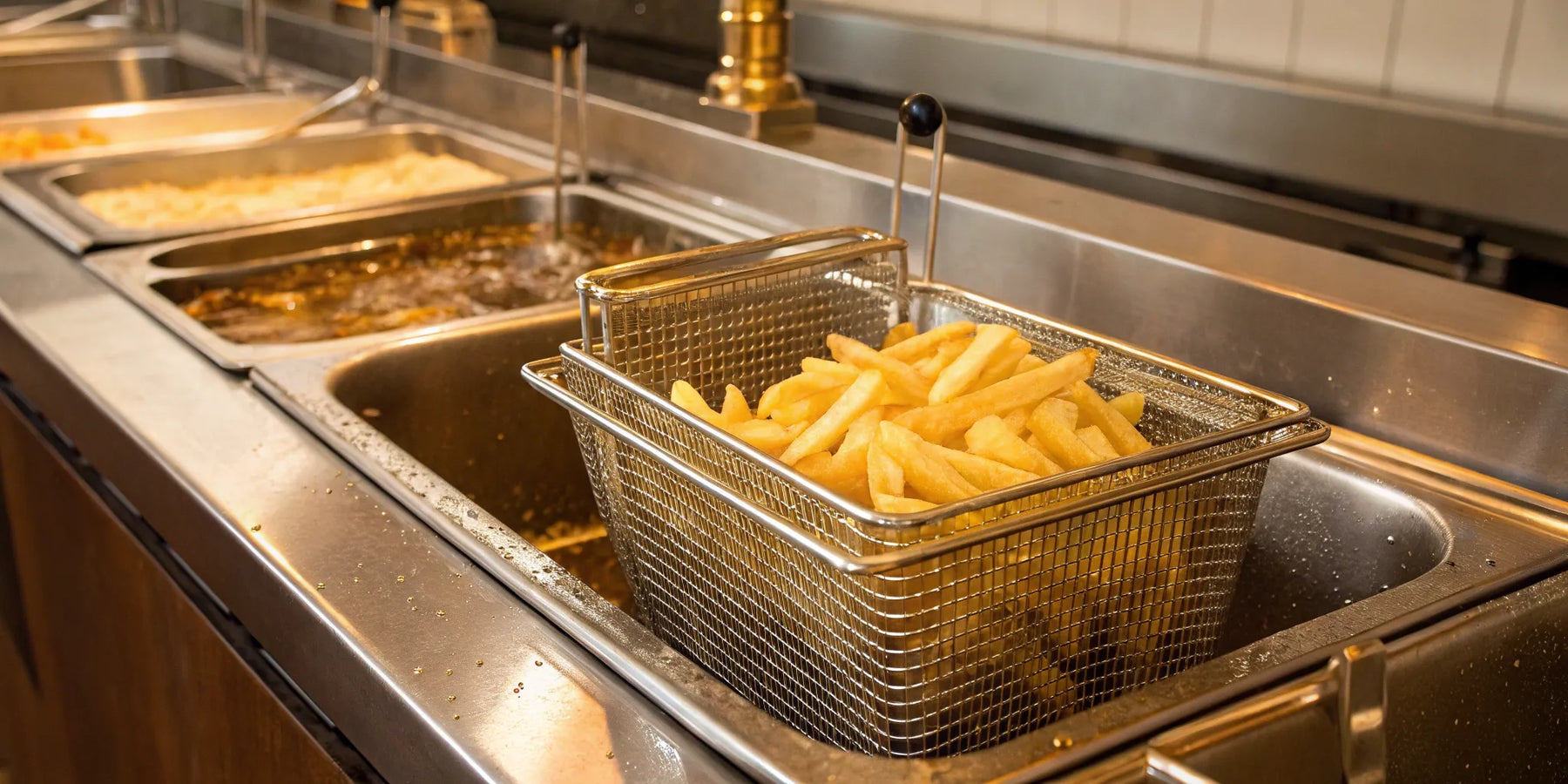 Commercial fryer basket filled with golden french fries.