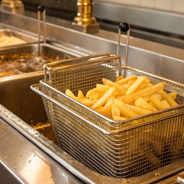 Commercial fryer basket filled with golden french fries.