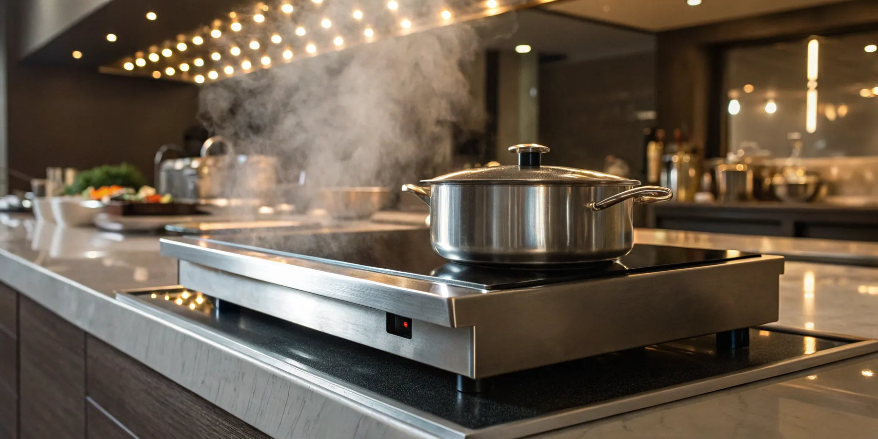 Commercial hot plate with stainless steel pot.