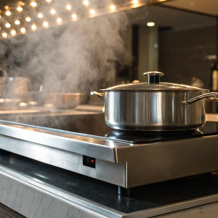 Commercial hot plate with stainless steel pot.