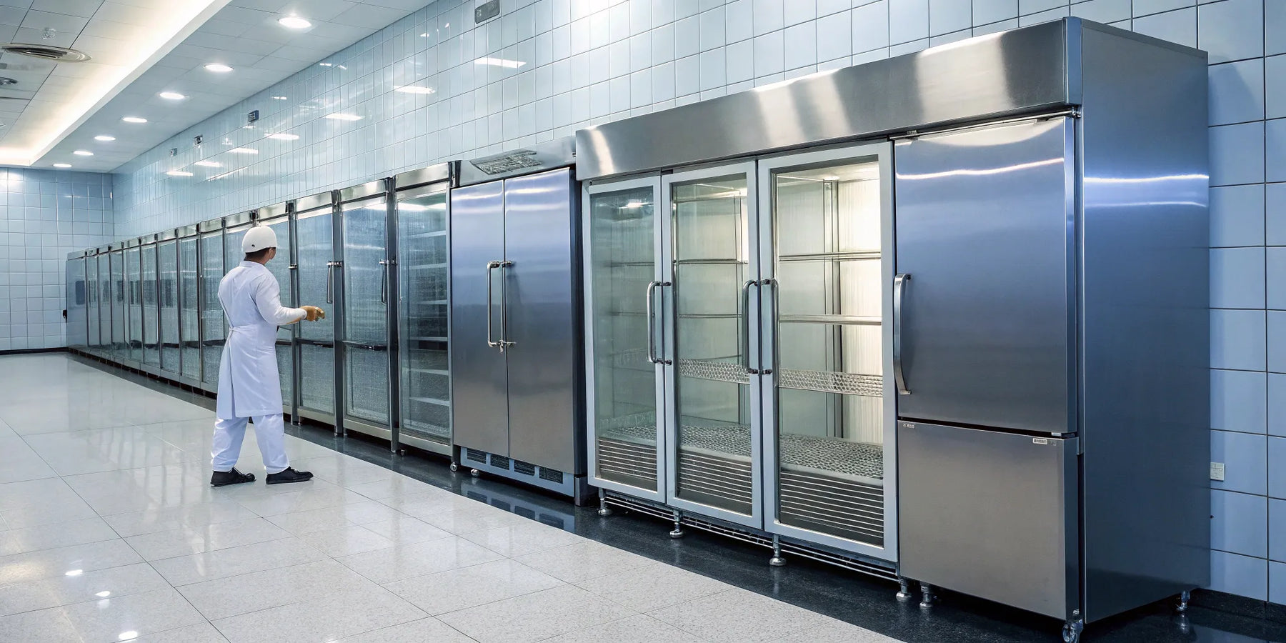 Commercial reach-in refrigerators in a restaurant kitchen.