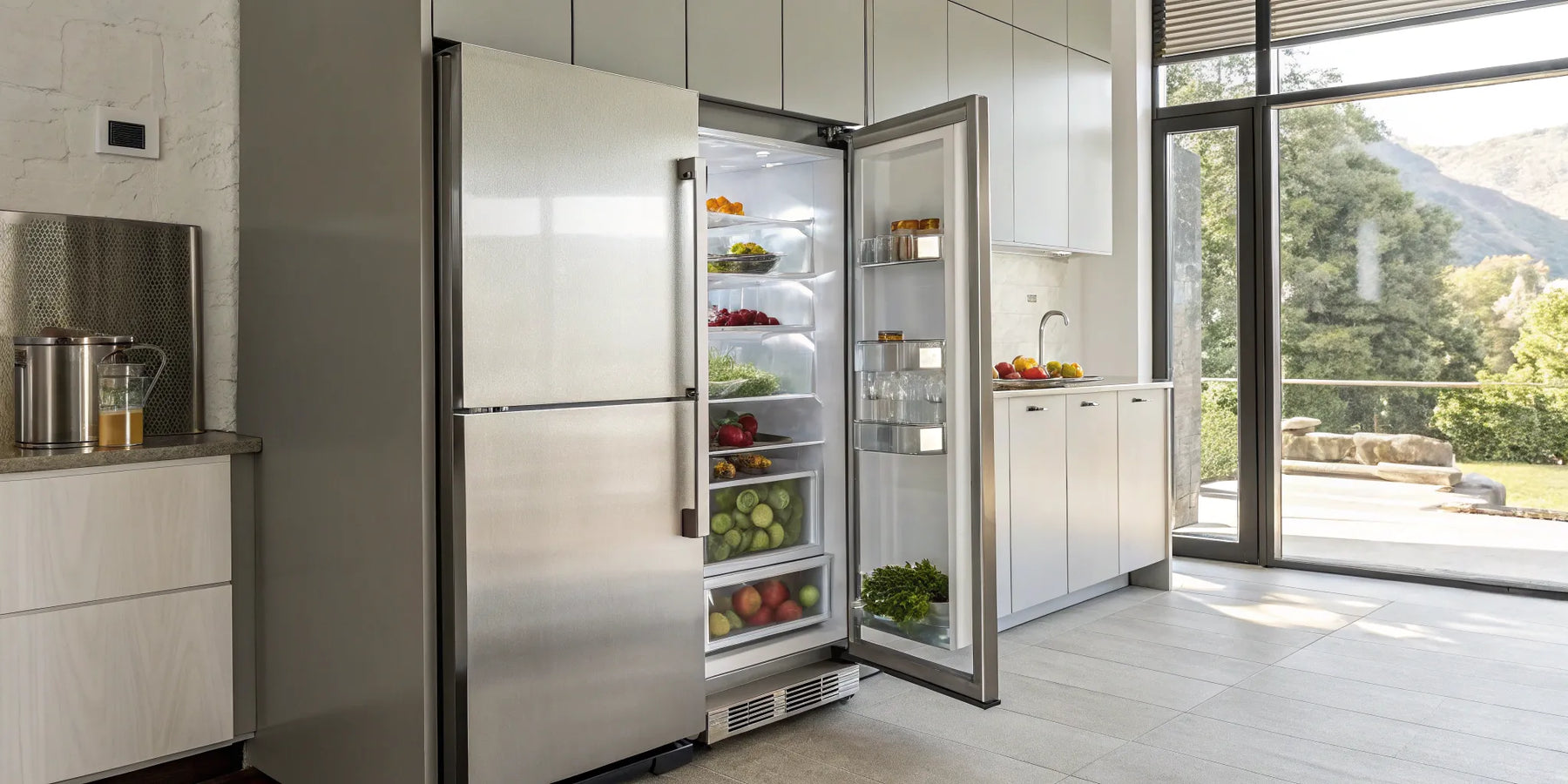 Commercial refrigerator stocked with fresh produce.