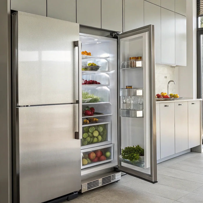 Commercial refrigerator stocked with fresh produce.