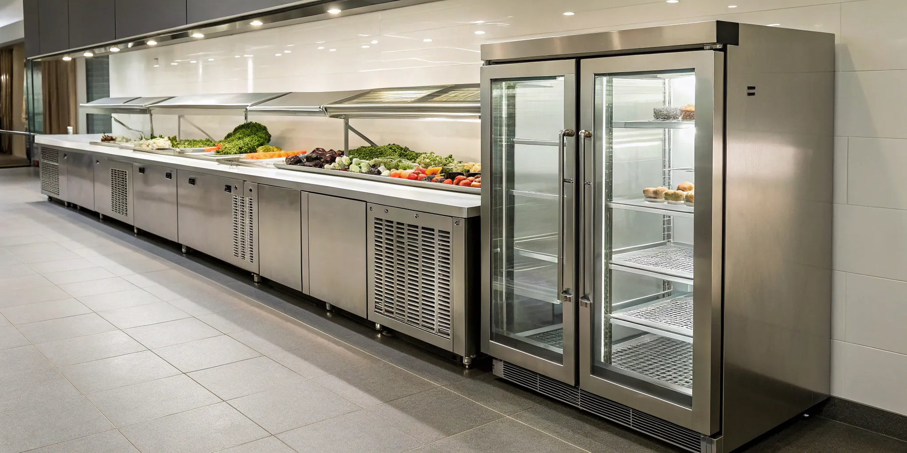Commercial undercounter refrigerator in a stainless steel kitchen.