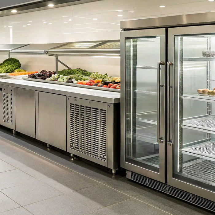Commercial undercounter refrigerator in a stainless steel kitchen.