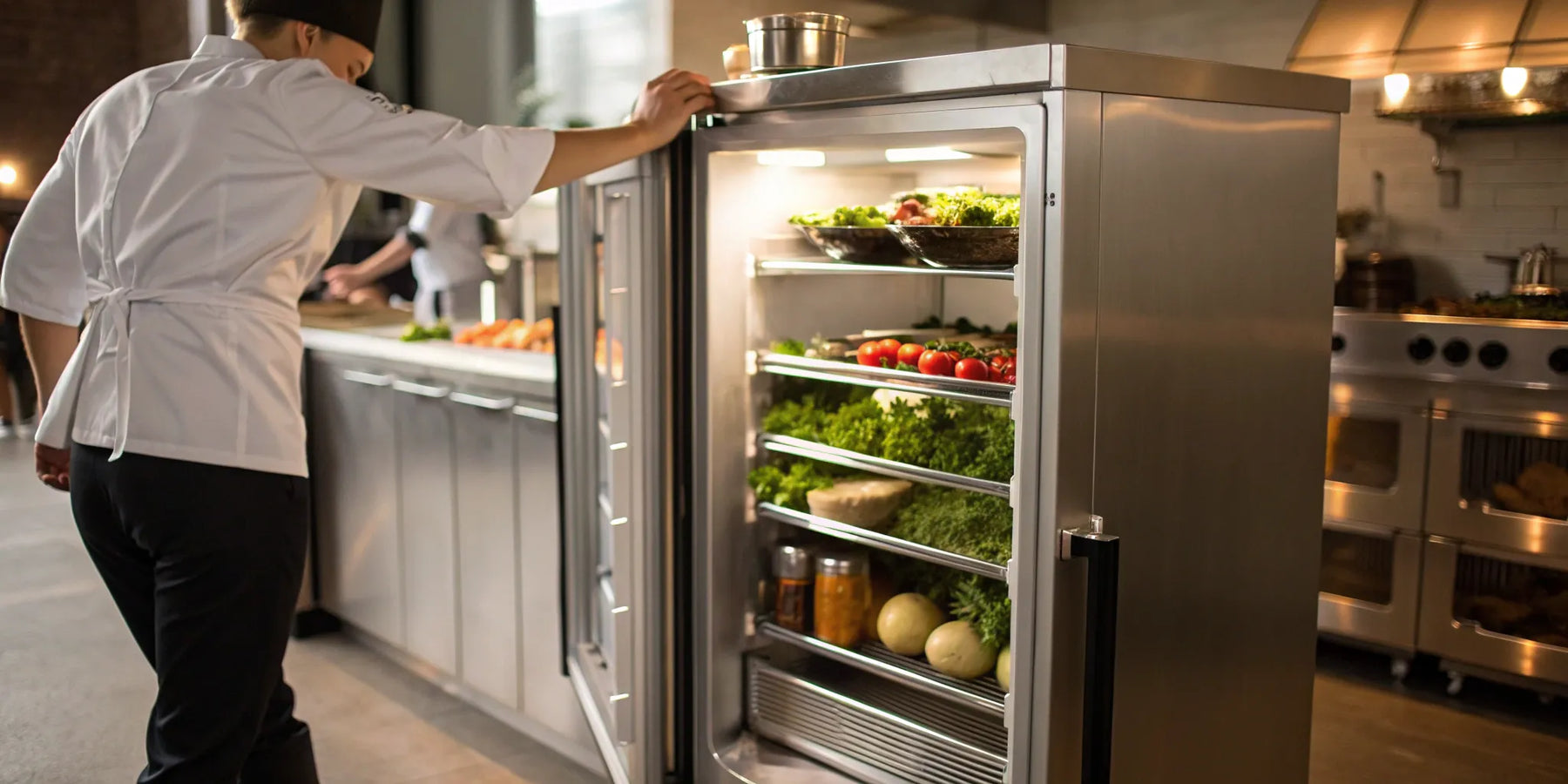 Commercial undercounter refrigerator stocked with ingredients.