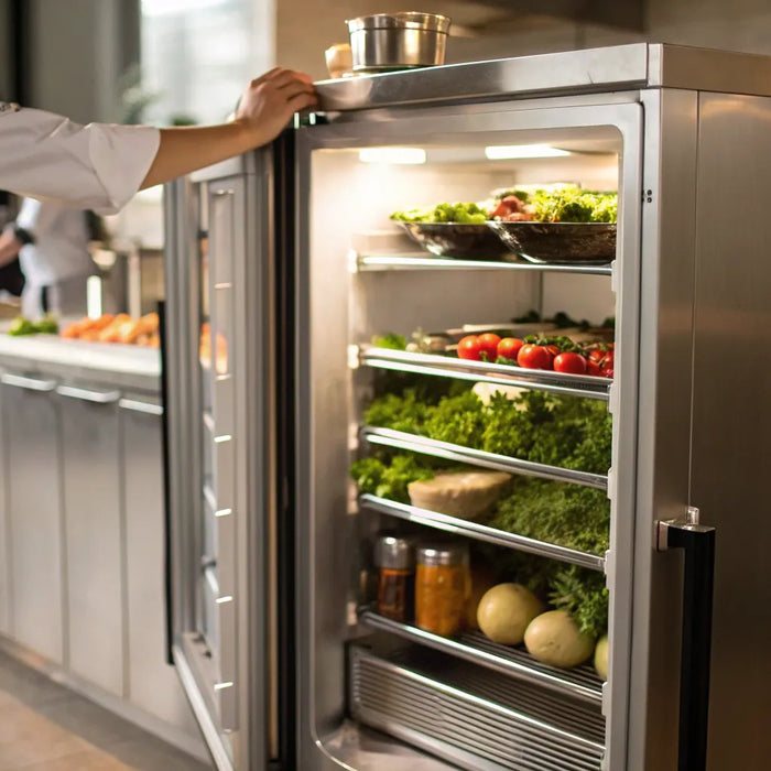 Commercial undercounter refrigerator stocked with ingredients.