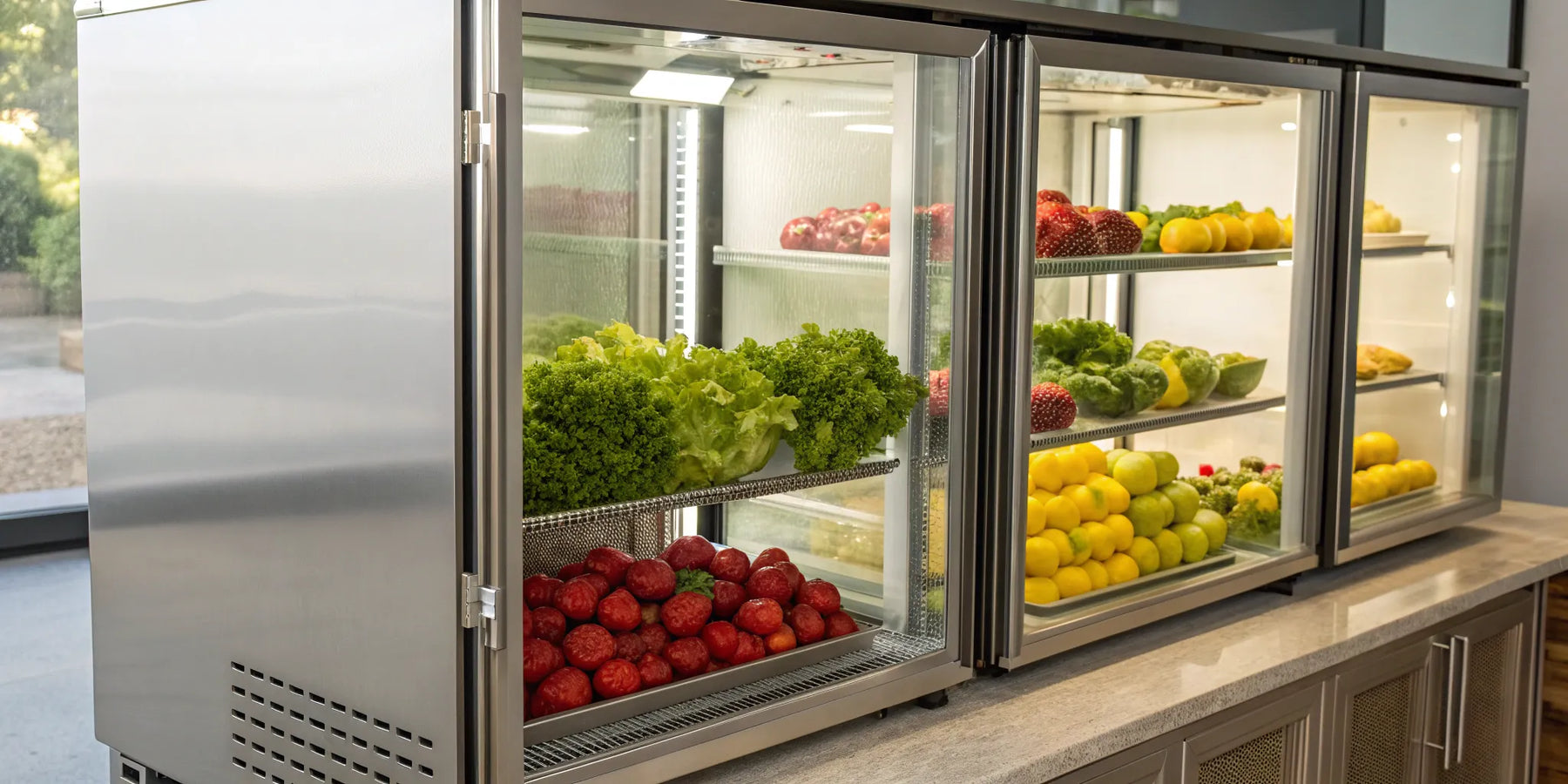 Countertop display refrigerator showcasing fresh produce.