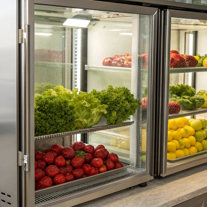 Countertop display refrigerator showcasing fresh produce.