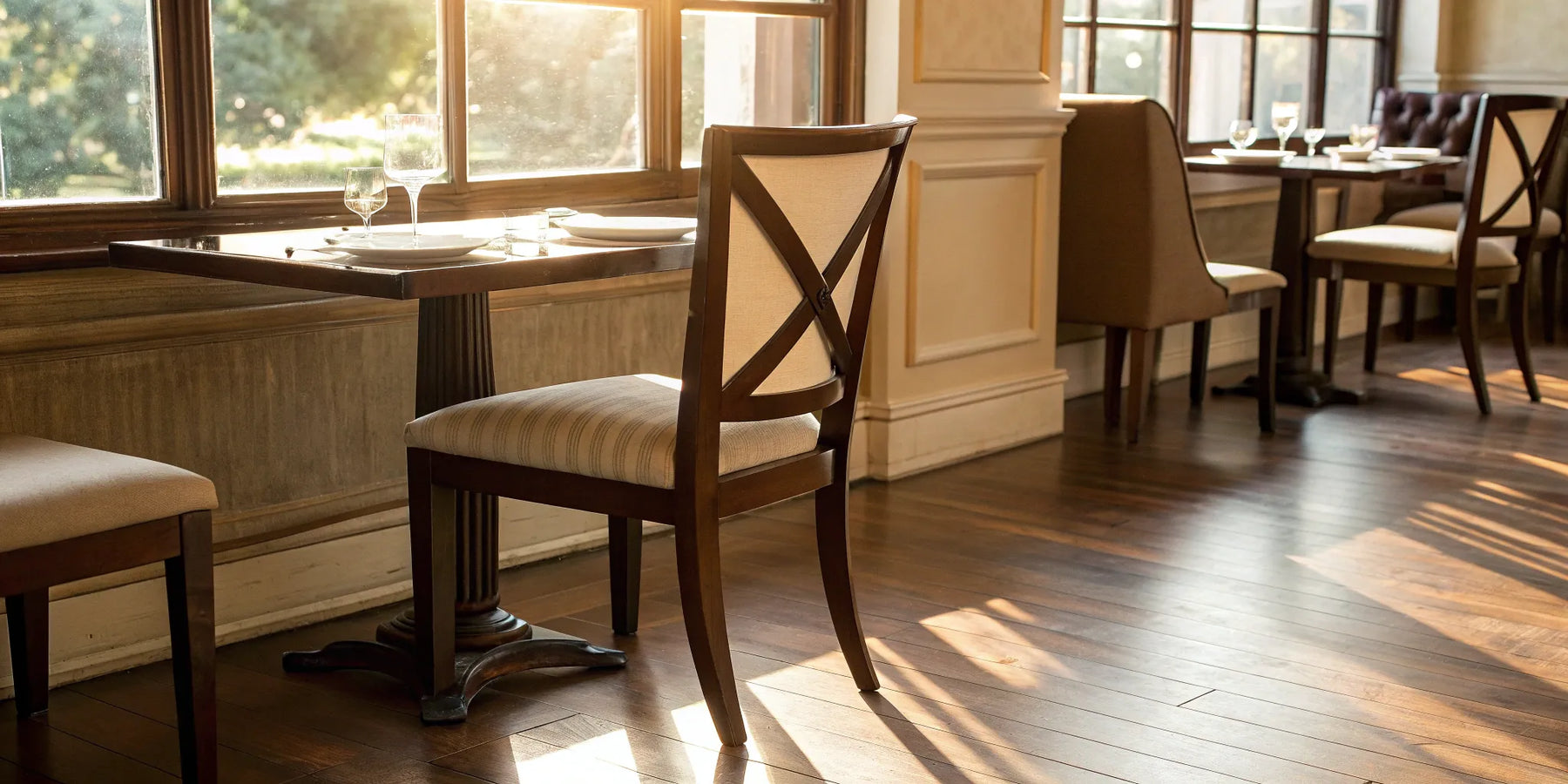 Sturdy cross back dining chair in a restaurant setting.