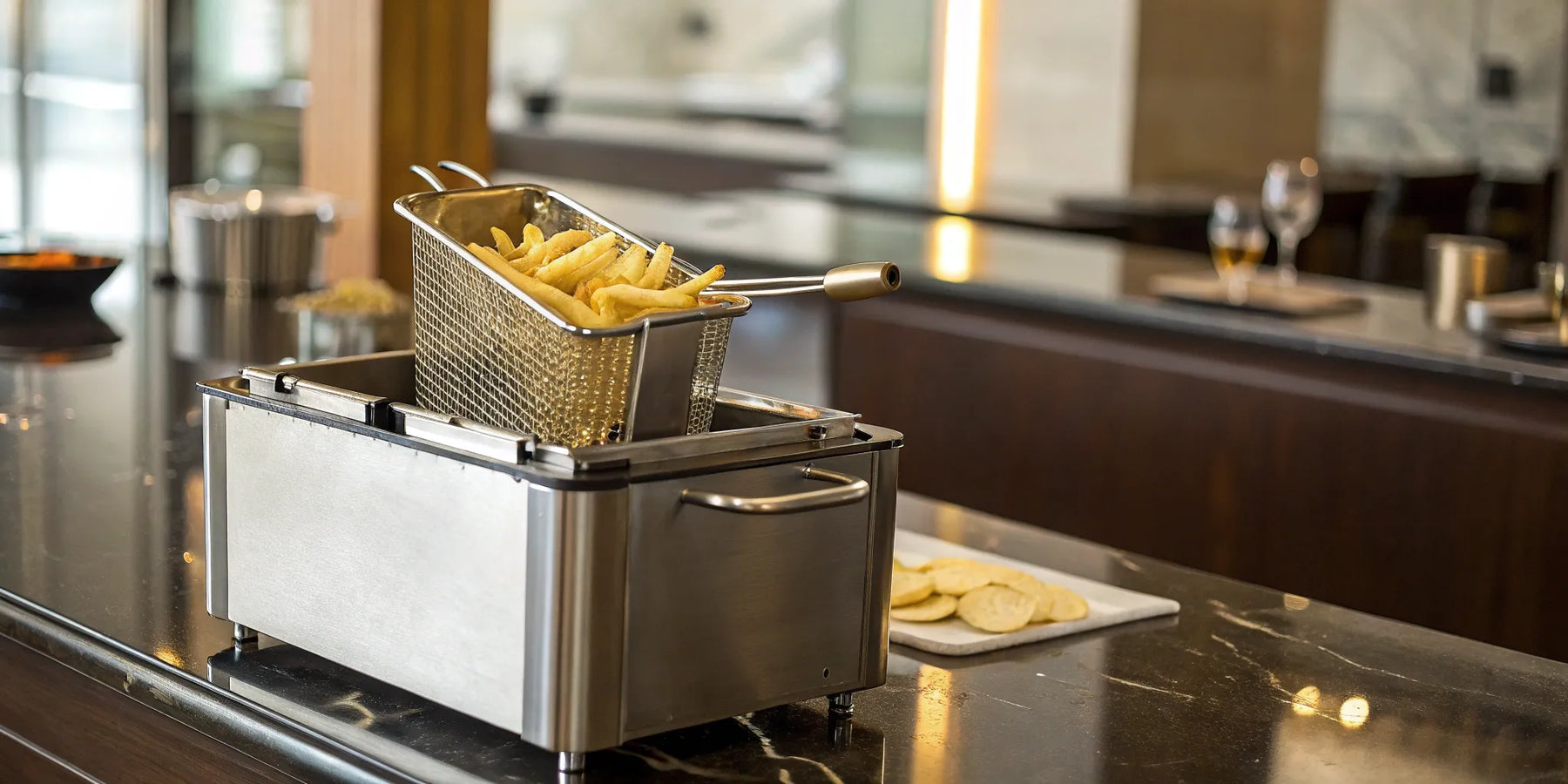 Electric deep fryer basket of crispy golden fries.