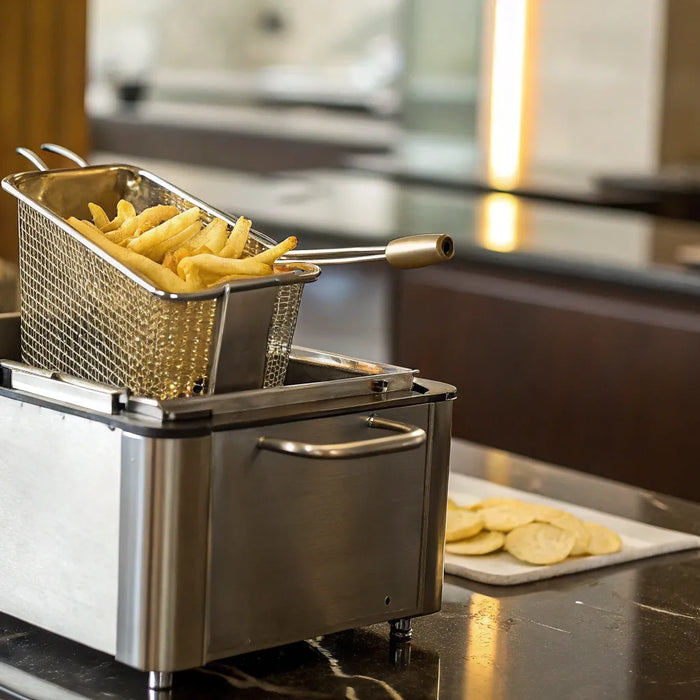 Electric deep fryer basket of crispy golden fries.