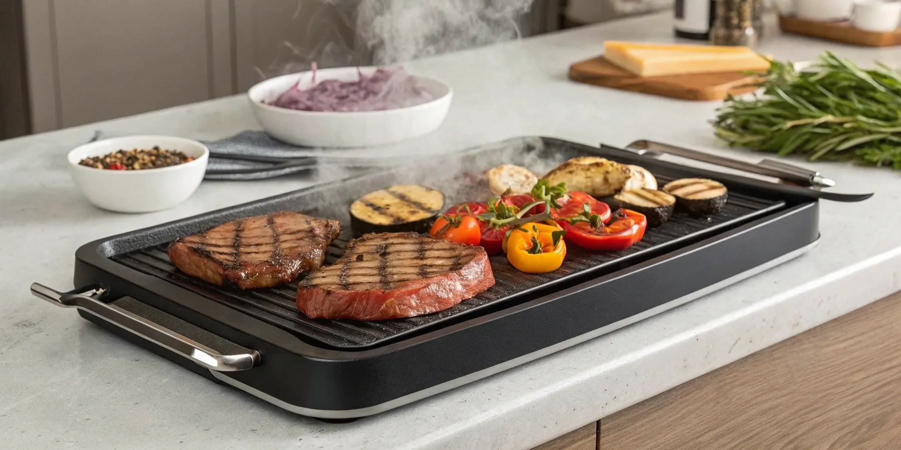 Electric griddle grilling steak and vegetables.