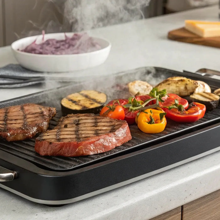 Electric griddle grilling steak and vegetables.